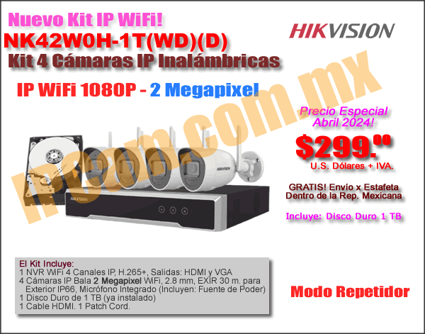 NK42W0H-1T(WD)(D) :: Kit IP WiFi, 1 NVR 4 CH H.265+, 4 Cámaras IP Bala WiFi 2 Megapixel, 1 Disco Duro de 1 TB, 1 Cable HDMI y 1 Patch Cord