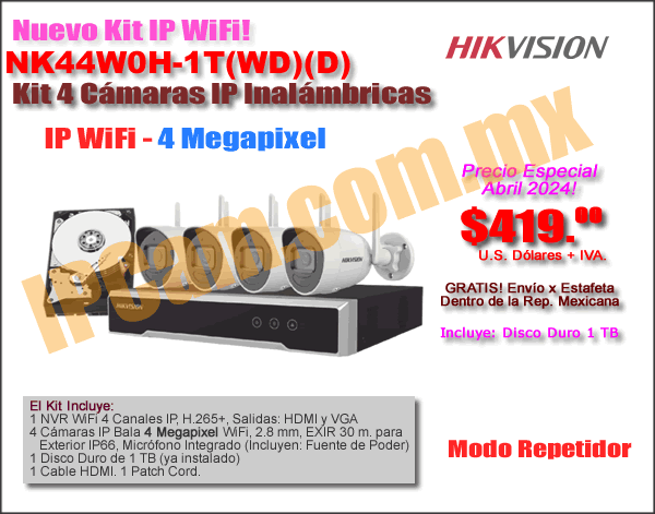 NK44W0H-1T(WD)(D) :: Kit IP WiFi, 1 NVR 4 CH H.265+, 4 Cámaras IP Bala WiFi 4 Megapixel, 1 Disco Duro de 1 TB, 1 Cable HDMI y 1 Patch Cord